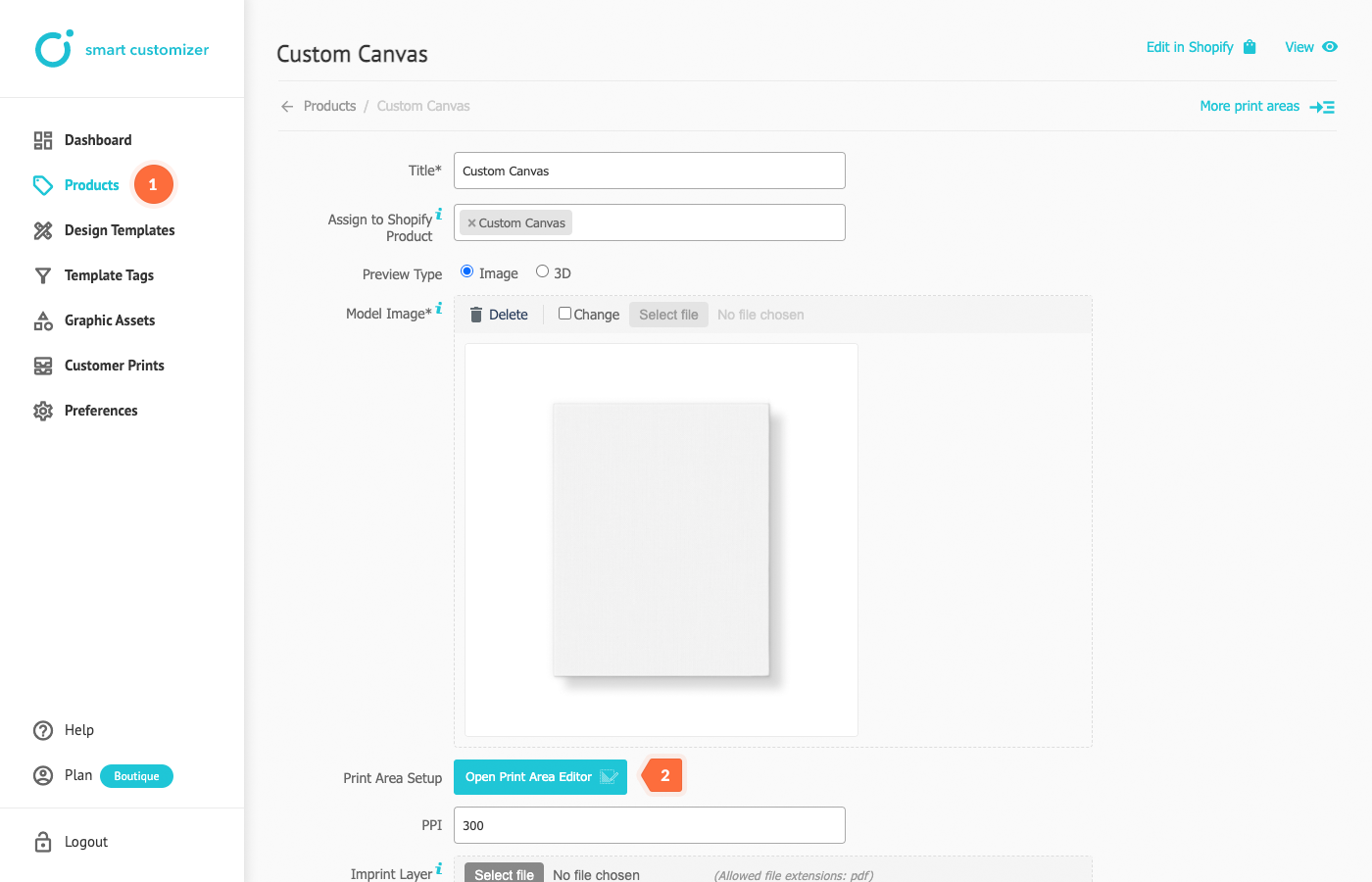 Customizable product setup window in customizer app