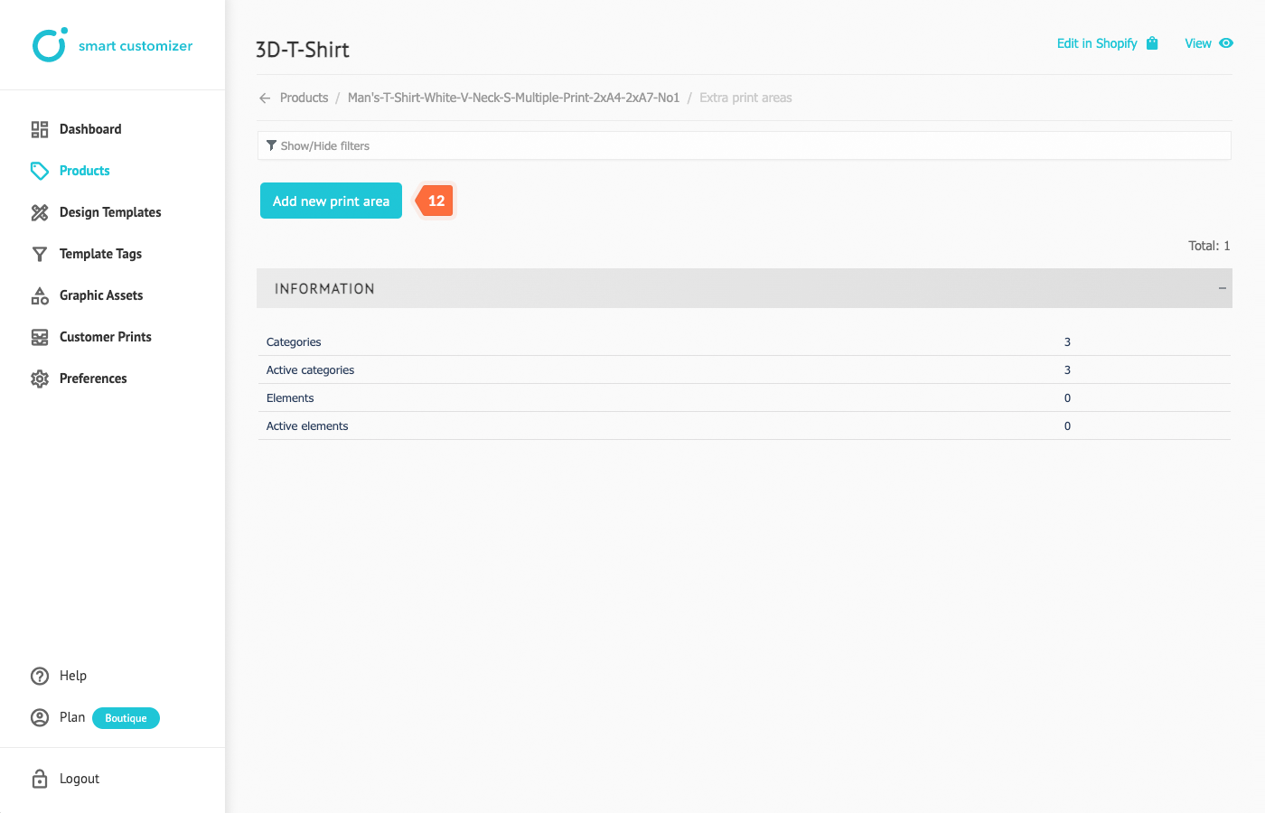 Add new print area page in customizer