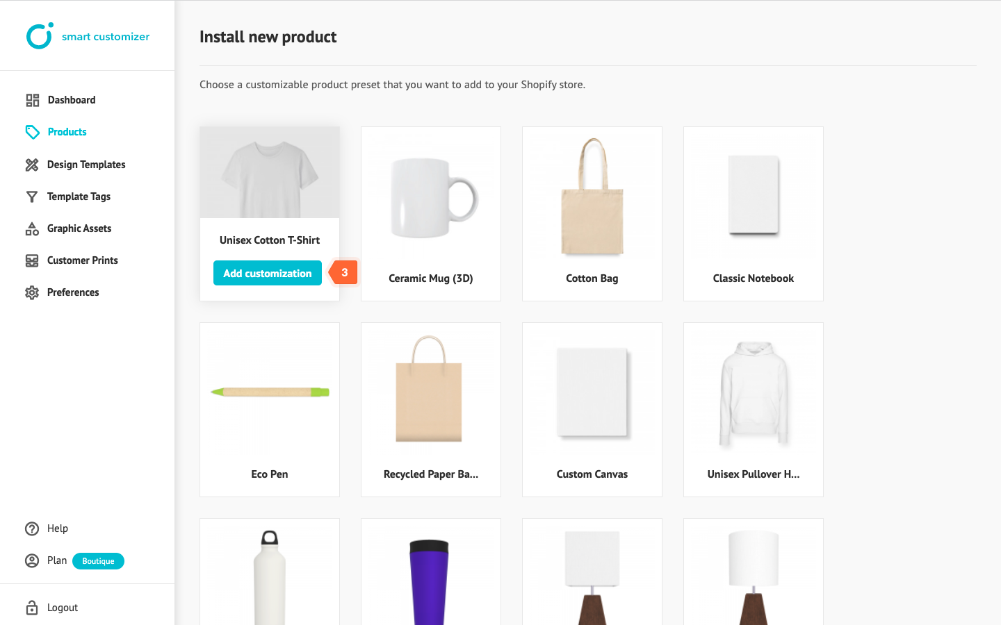 Choose a product that will be customizable