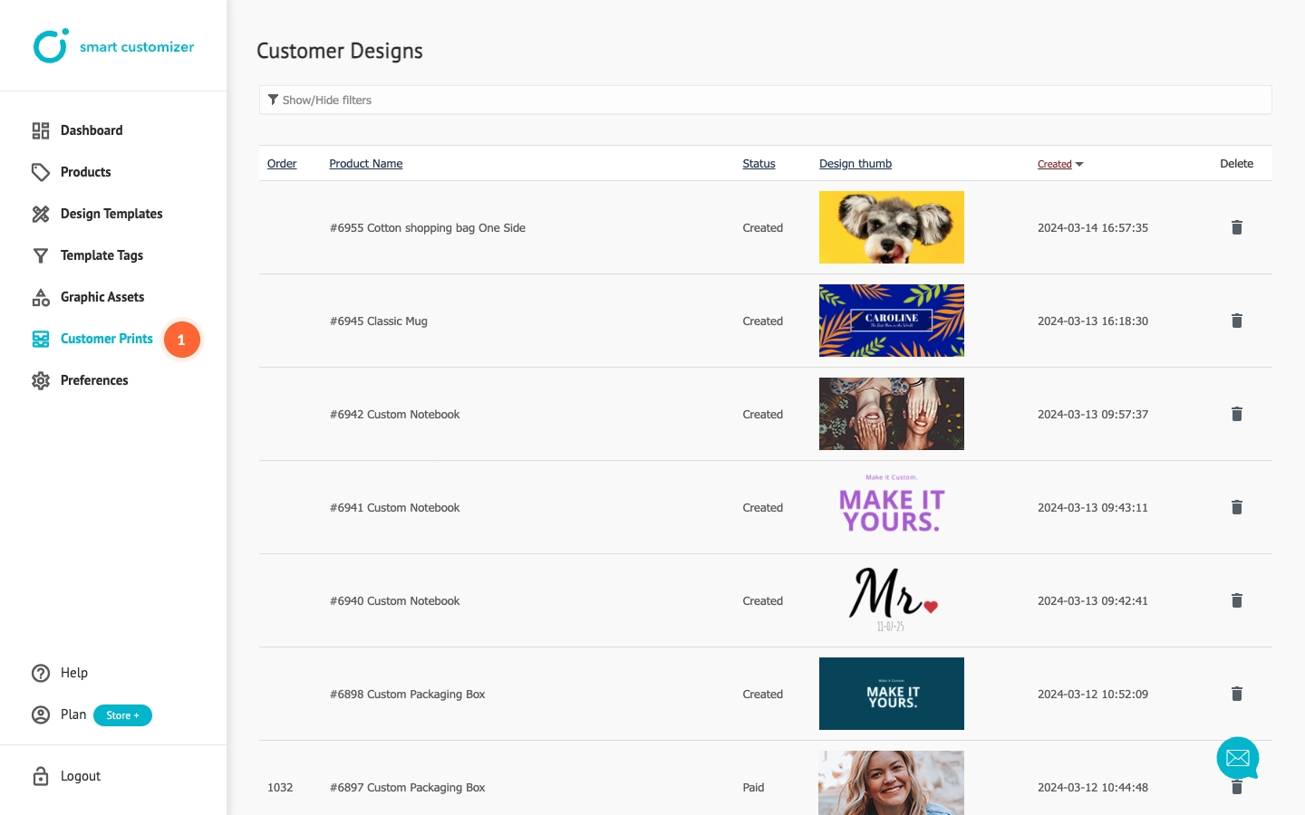 The list of printes generated by customer in customizer app