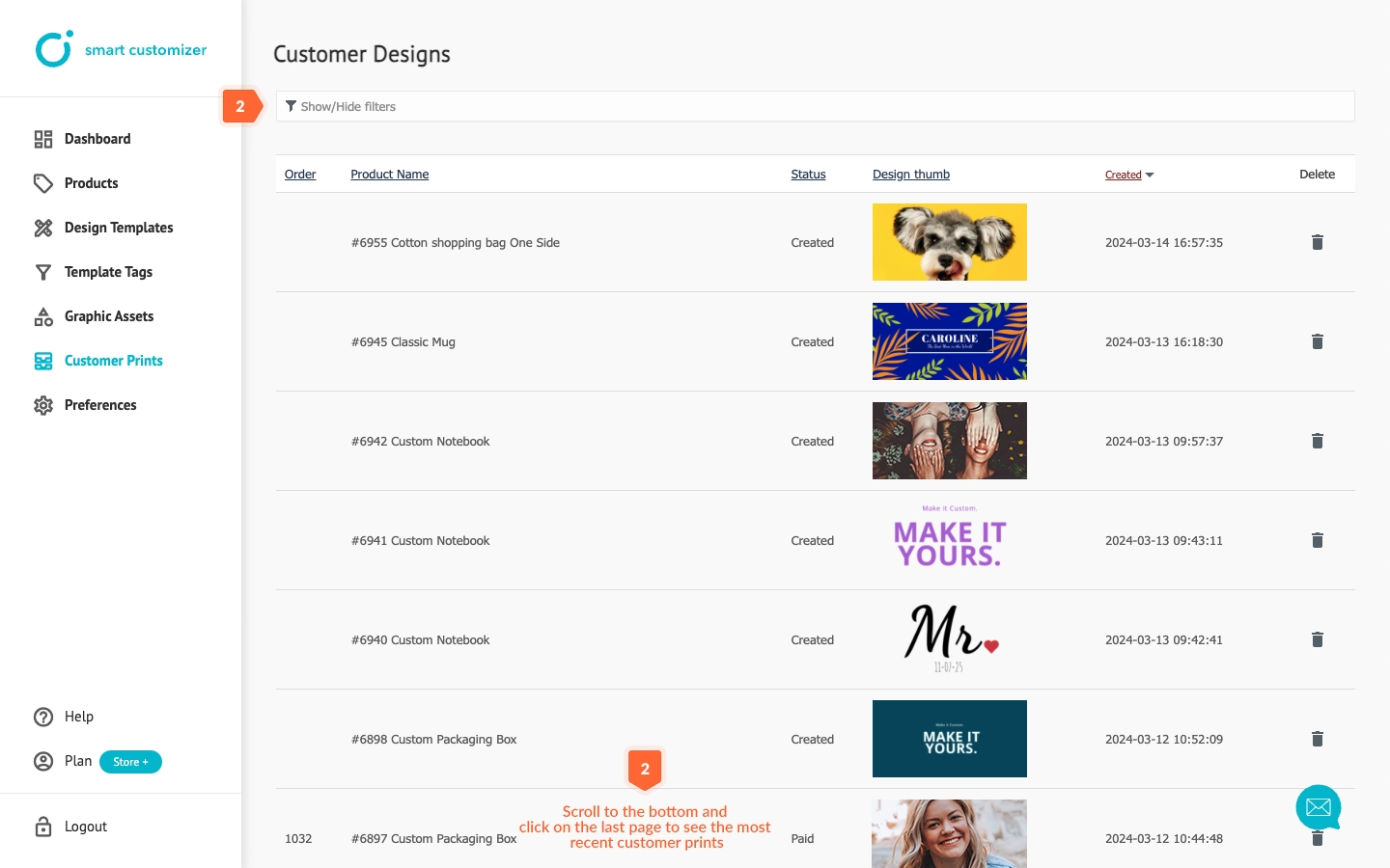 Customizer page with automatically generated customer prints