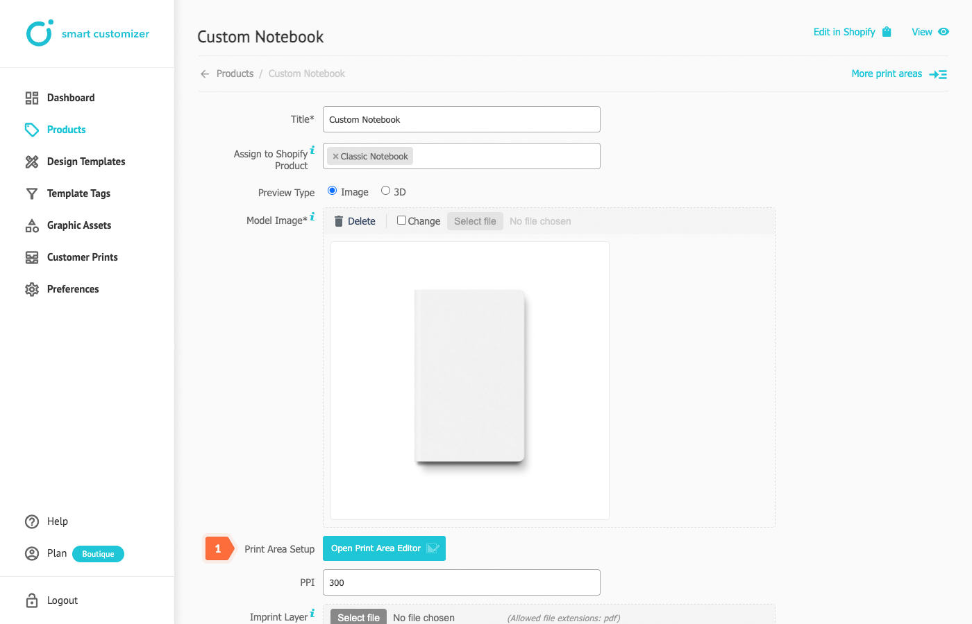 Customizer window for 2D product setup