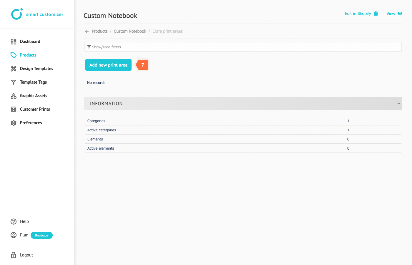 New print areas in customizer