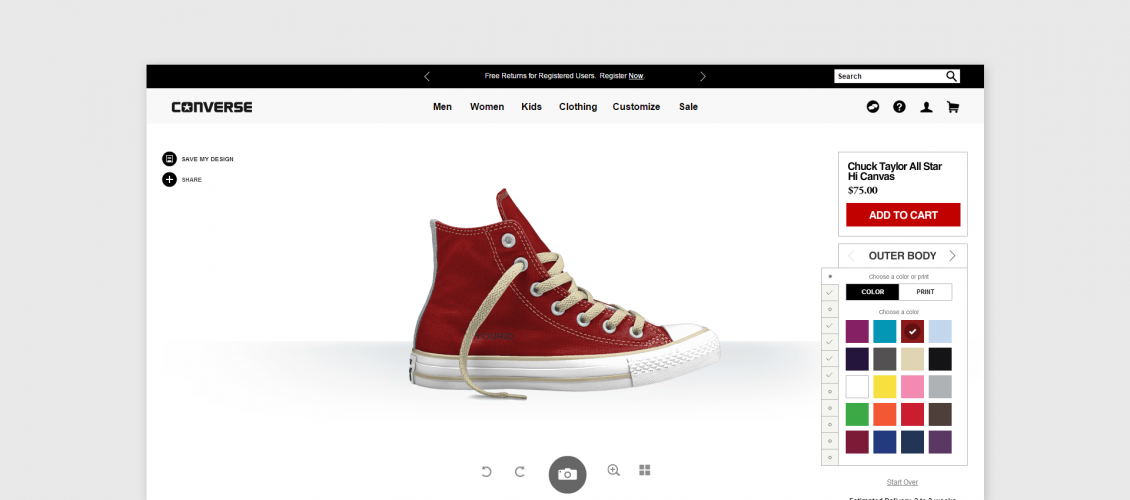 Preview of Converse shoes customizer platform