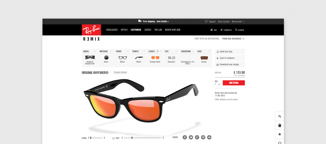 Preview of Ray-Ban sunglasses customizer